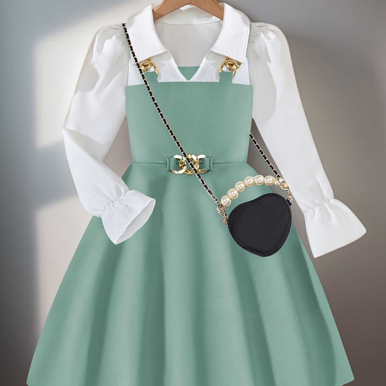 Girls' Elegant Long Sleeve Dress, Golden Chain Collar & Bell Skirt A-Line Party & Everyday Dress, Machine Washable Durable Fabric, Sturdy Construction Highquality Material, for School Christmas Birthday Outfits Holiday Outfit