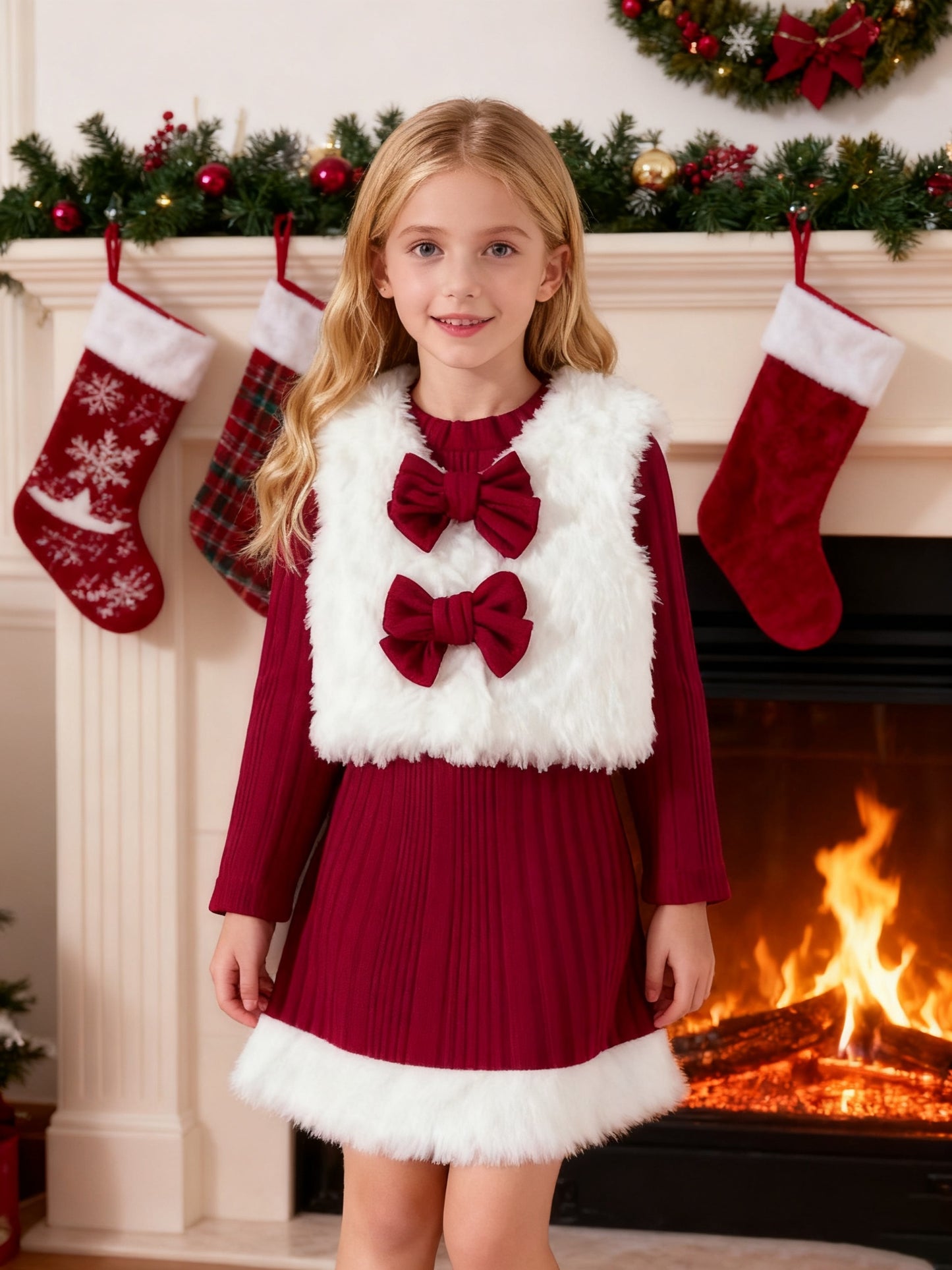 Girls 2pcs autumn and winter fashion casual suit dress with bowknot decoration plus fluffy sleeveless vest top soft and comfortable knitted ribbed sleeve dress long skirt for party, school, Christmas, children's gift year sui