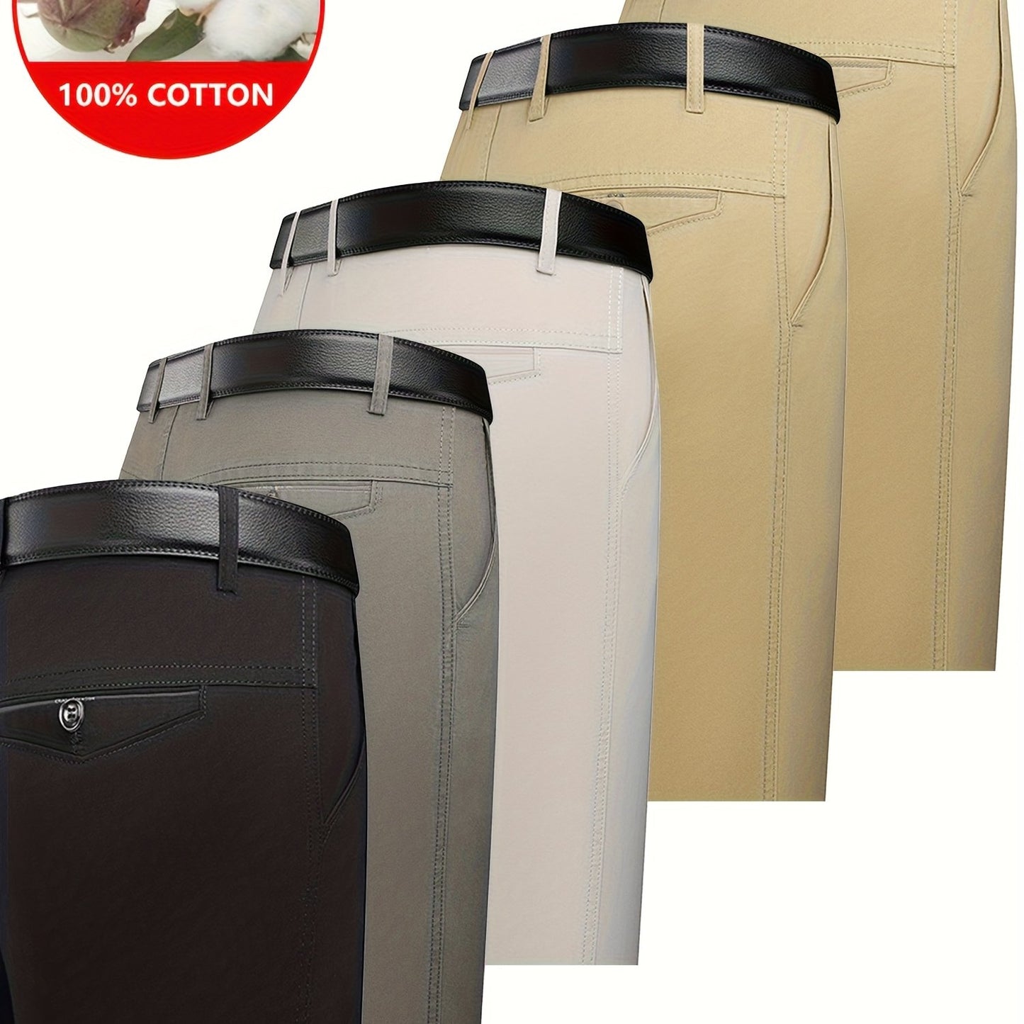 5pcs 100% Cotton Business Casual Pants - High-Waisted Breathable Trousers with Belly, Straight-Leg Cut & Button Closure, Soft Comfortable Pants Suitable for Workplace Commuting & Daily Wear, Spring/Autumn Wardrobe Essential