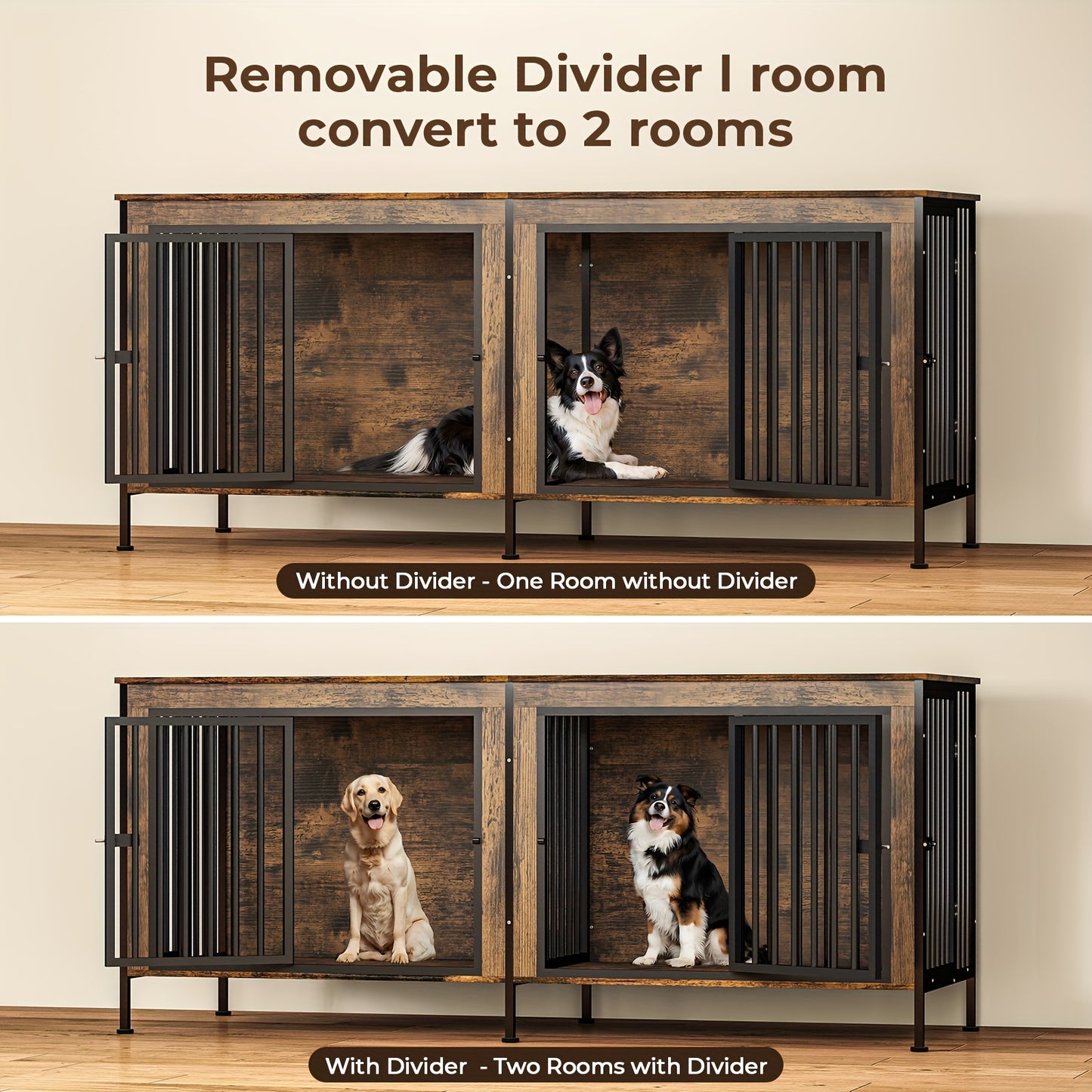Dog Cage Furniture, XXL 78" Thick Wooden Frame & Iron Construction, Removable Divider Double Doors Durable Sturdy Design, for 2 Large Medium Dogs, Brown