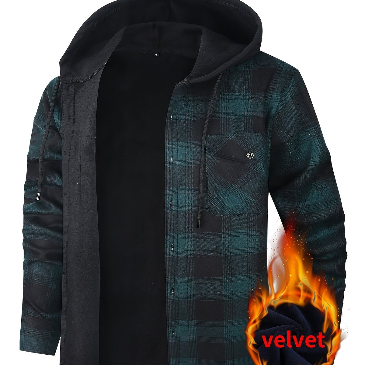 Men's Winter Plush-Themed Hooded Shirt Jacket - Thickened Button-Front Outdoor Coat with Pockets, Loose Fit Casual Blazer (Hand Washable, Fall/Winter) | European/Emerican Sizing for Cold Weather Layering
