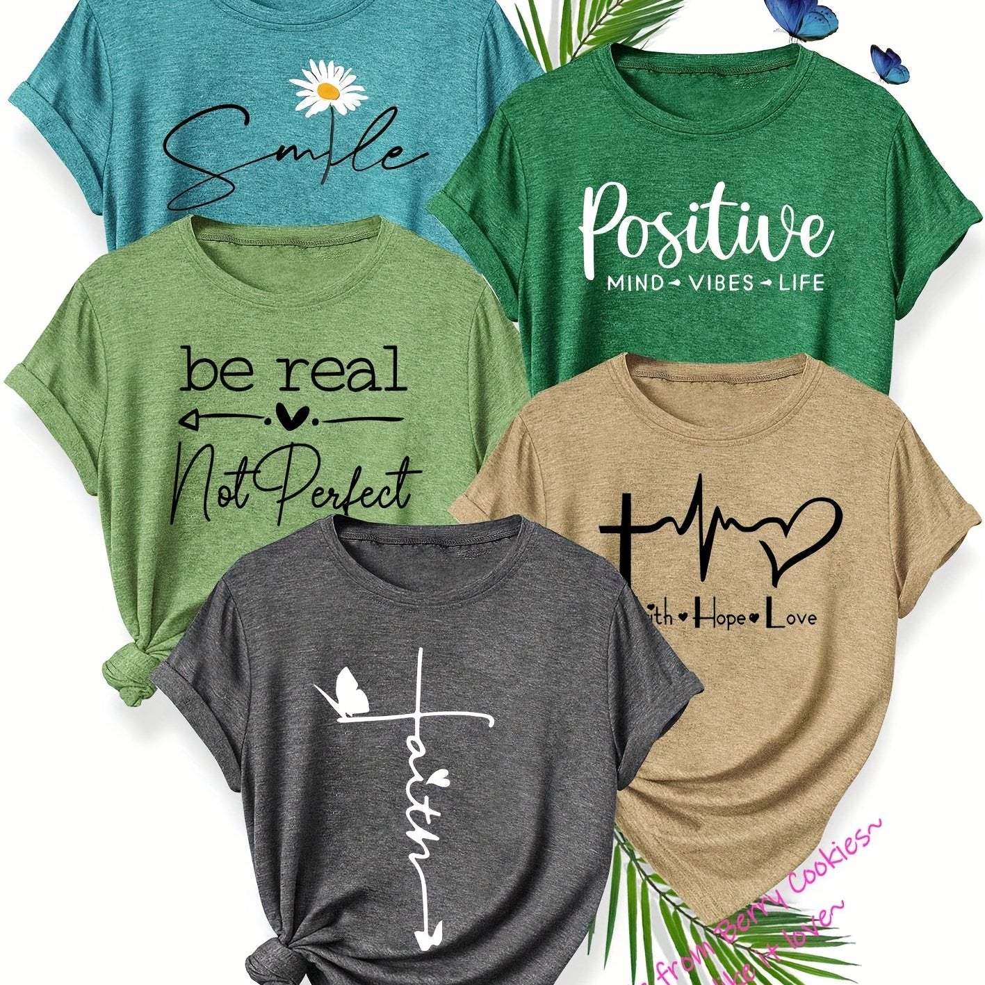 5pcs Women's T-Shirt Set, "Be Real" & "Smile" Inspirational Quotes, Heart & Flower Designs, Soft Polyester, Round Neck, Short Sleeve, Spring/Summer/Fall Casual Wear, Sizes S-XXL, Spring Summer Apparel, Playful Graphic Tees, M