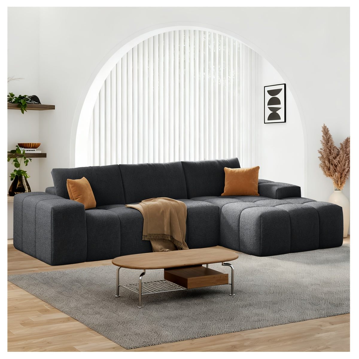 L-shaped Multi-functional Sofa Bed, Modern Fabric Sofa, Extra-large Frameless Living Room Sofa, Modern Minimalist Style with Ergonomic Design, No Assembly Required, Deep Seat Design with 3 Throw Pillows, Soft Fabric Finish (m