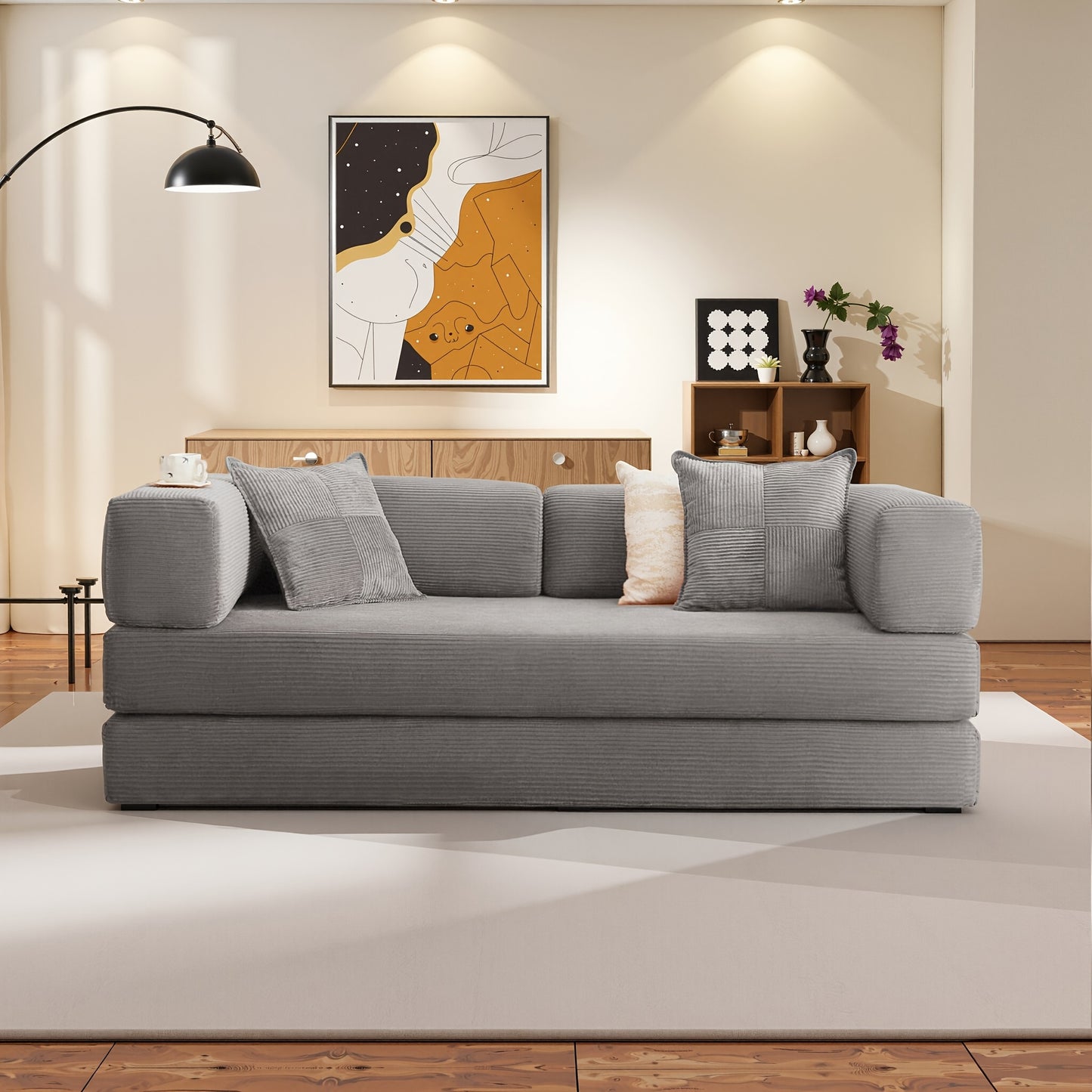 LIAROO Cloud Boneless Convertible Floor Sofa Bed, 4-in-1 Foldable Compressed Loveseat Lounge Sleeper 2 Seater Couches, High-Density Sponge & Corduroy Fabric Futon Daybed for Living Room Bedroom, CompressionSofa In Box, Couche