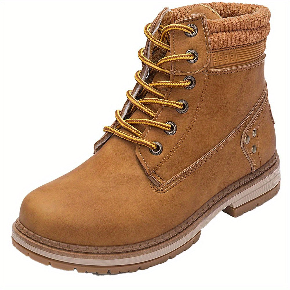 Women's Comfortable High Quality Lace-Up Work Boots - Casual Ankle High, Beige PU Cover with Rubber Sole, Round Toe, Low Heel, Hand Wash Only, Outdoor Footwear