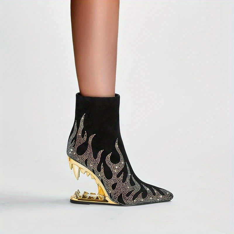 Women's Rhinestone Novelty Teeth Sculptural Heeled, Glitter Flame Short Slim Boots, Dance Party Boots