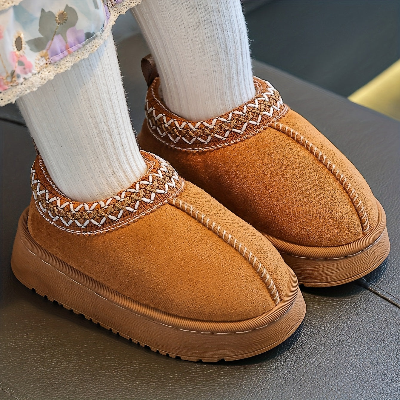 Kids' Slip-On Snow Boots - Soft Sole Winter Shoes with Cushioned PVC Outsole, Easy Slip-On Closure, Warm Indoor/Outdoor Footwear for Boys & Girls (Toddler to Preteen) - Brown - Autumn/Winter Season - Retro Minimalist Design,