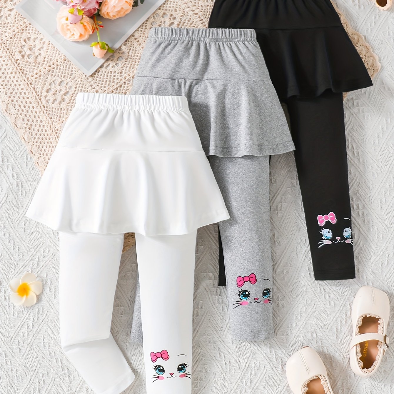 Casual Dress Pants with a Cat Pattern for Young Girls in Spring And Autumn (Set of 3), a Gift for My Daughter.