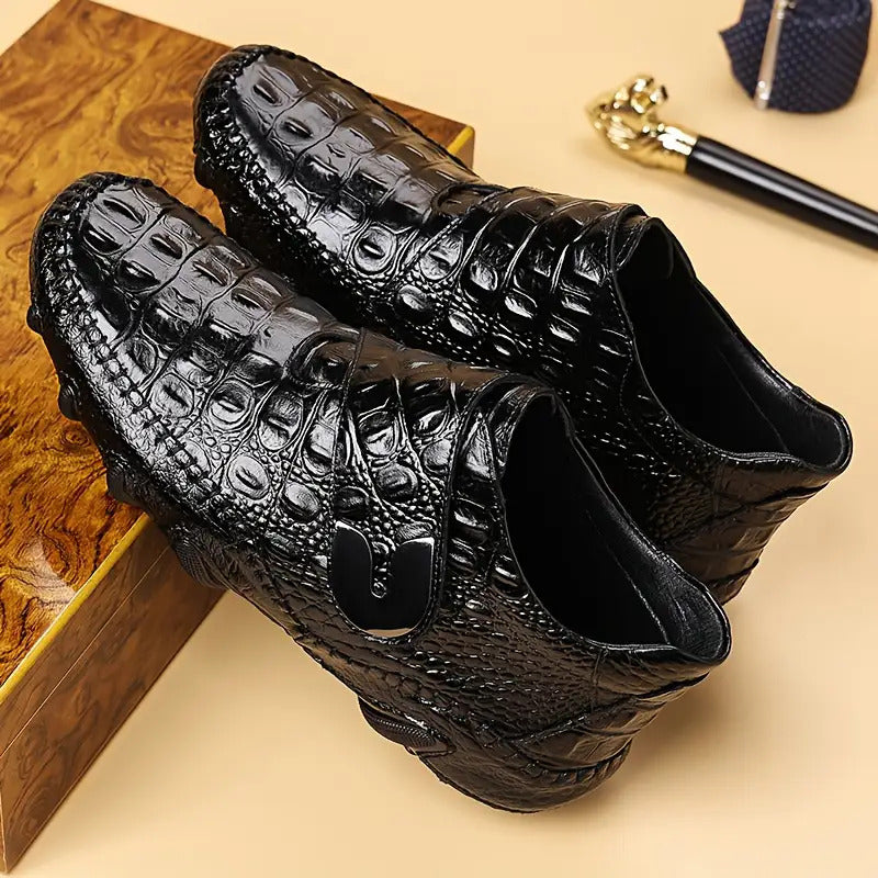 Men's Top-Grain Ankle Boots with Non-Slip Rubber Sole & Hook-and-Loop Closure - Glossy Black Crocodile-like Texture, Round Toe - PU Cushioned - Urban Streetwear, Outdoor Boots (2 Colors: Black/Brown) - Heavy-Duty Casual