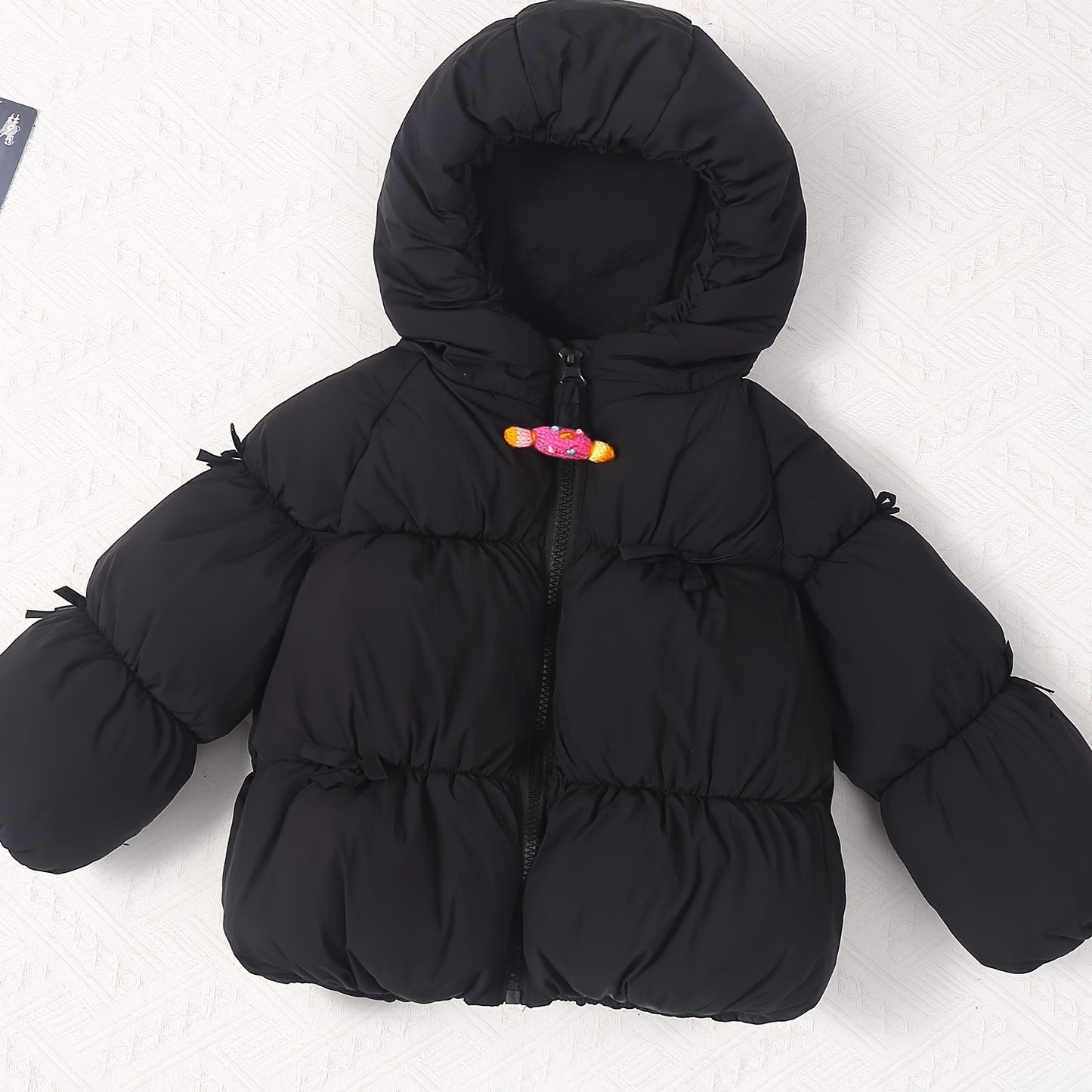 Girls' Winter Warm Hooded Jacket with Heart & Bow Accent - Cute Red Coat, Full-Zip Front Closure, Soft Polyester, Cozy Fall/winter Outerwear For Everyday & Special Occasions, Winter Clothes For Girls, Fall Winter Wear, Playfu