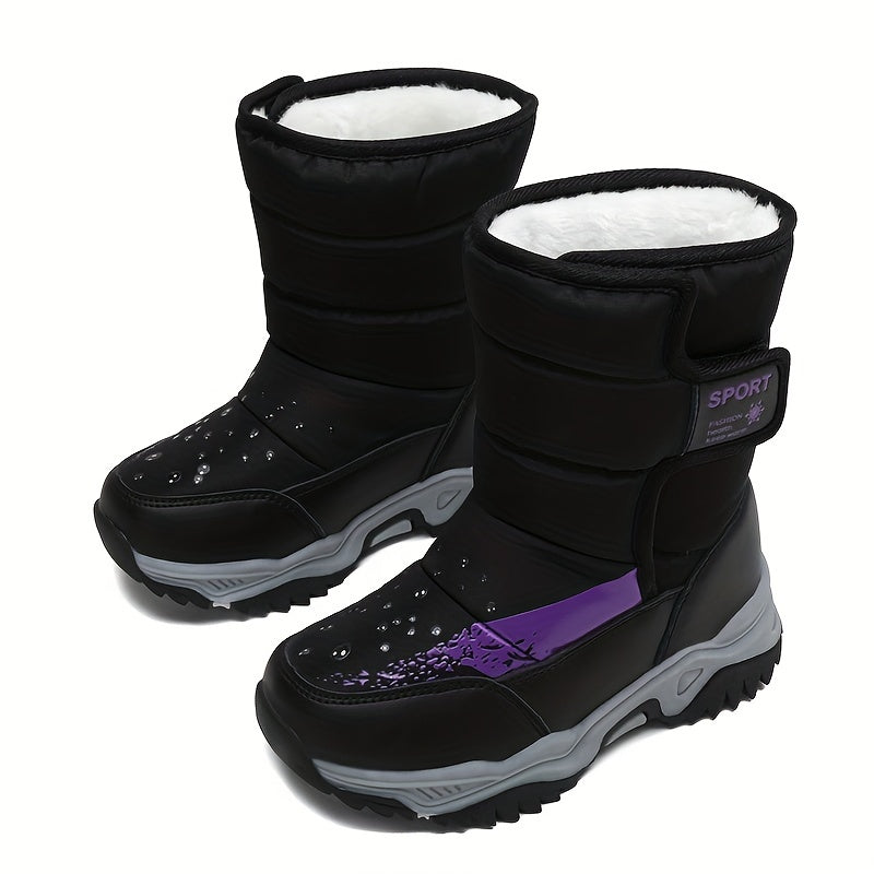 One Pair of Mid-Calf Plush Snow Boots, Simple Fashionable Magic Tape, Warm Snow Boots for Playing in the Snow, Outdoor Casual Wear, Available in Three Colors Purple, Black, Pink, Suitable for Different Personalities Girls, Ca