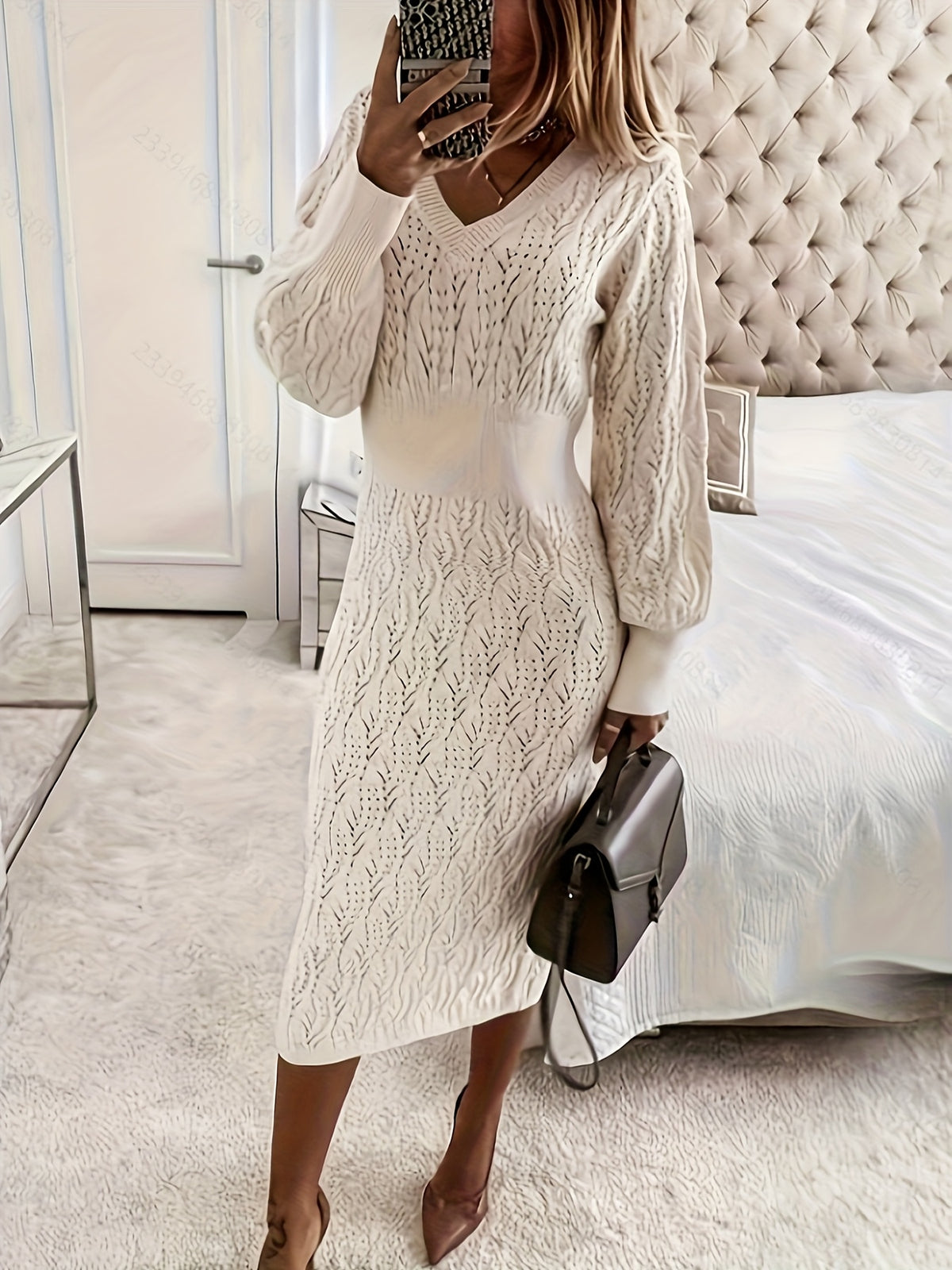 Women'S Elegant V-Neck Dress with Cut-Out Detail - Long Sleeve, Mid-Length, Solid Brown, Perfect for Fall & Winter, Stylish for Shopping or Festive Occasions, Festive Attire | Vneck Dress | Construction, Cute Dresses