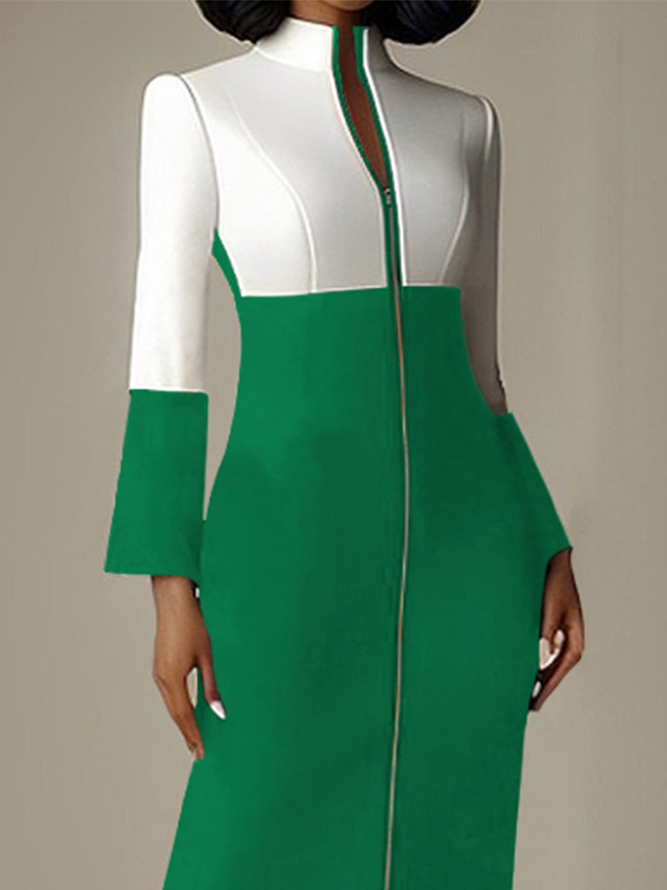 Women'S Elegant Long Sleeve party dress - Formal event gown with Zipper back, Green & Accent colors, Structured Stand-Up Collar, Fall/Winter Formal attire for Galas, Weddings, Business Functions - Women'S Formal Dresses