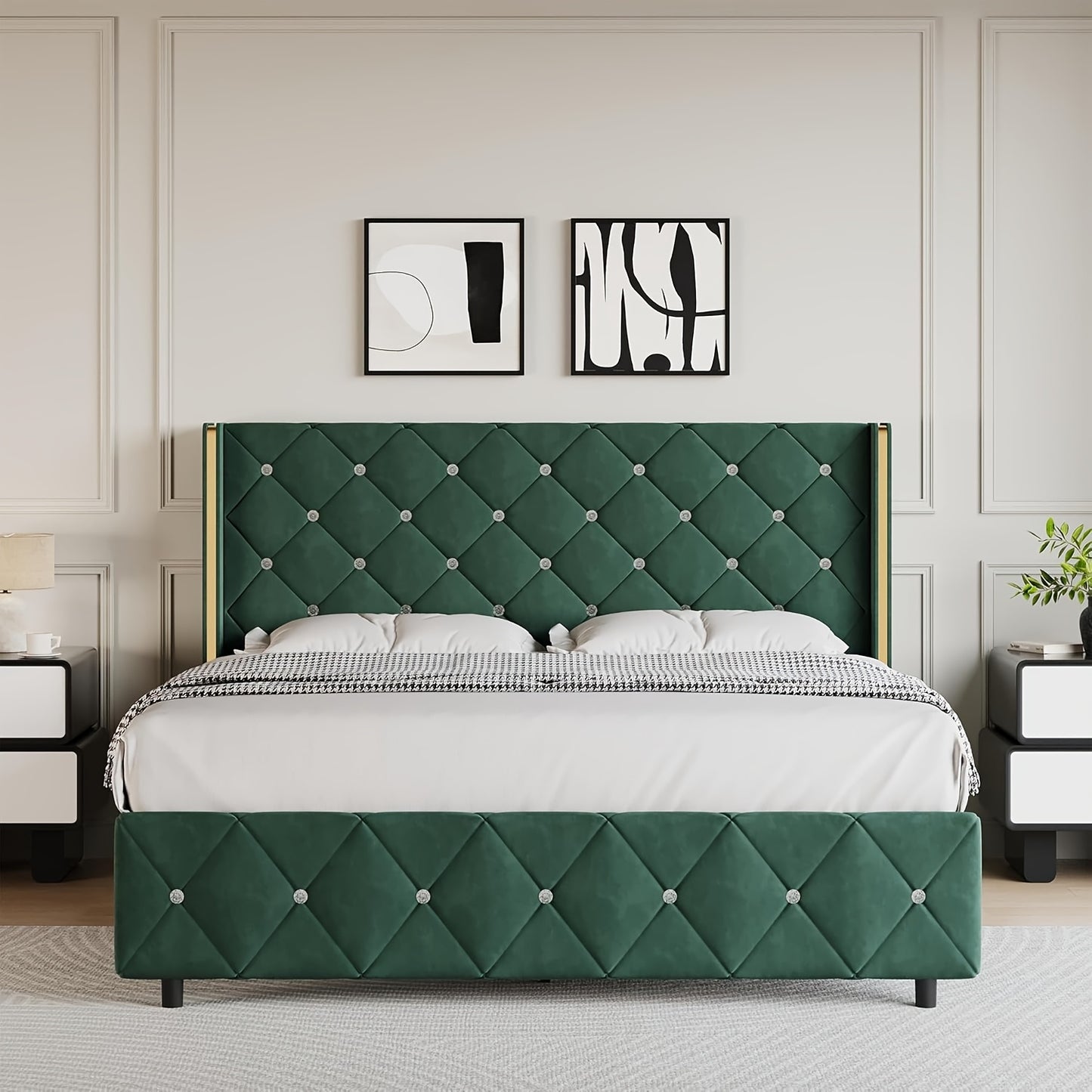 Twin Full Queen King Size Bed Frame, Upholstered Bed Frame with Diamond Tufted Headboard, Modern Silvery Side Wing Back, No Box Spring Needed, Easy Assembly, Purple, Black, Blue, Green, Pink, White