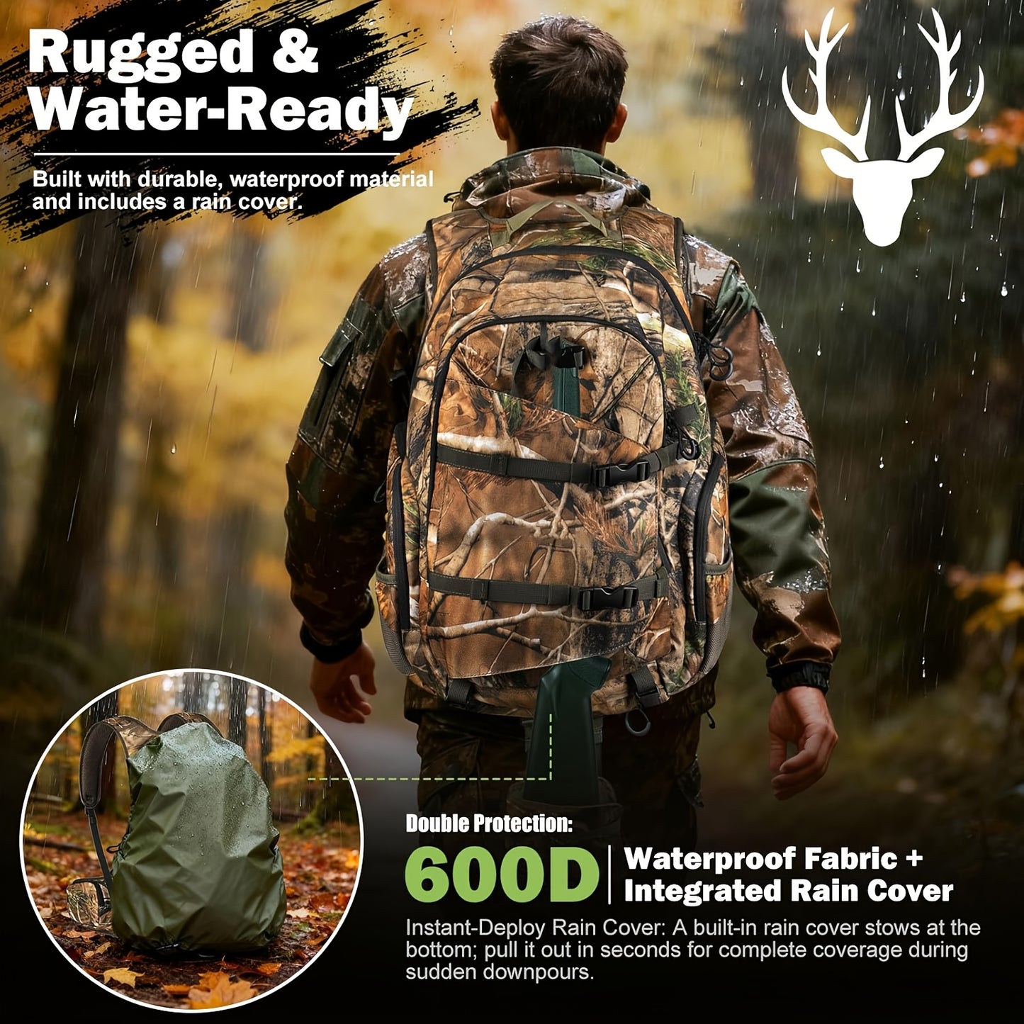 11.89gal Backpack with Rain Cover & Scabbard | Keep Your Deer Hunting Essentials Secure, Brown Polyester, Zipper Closure | Great Gift for Outdoor Men