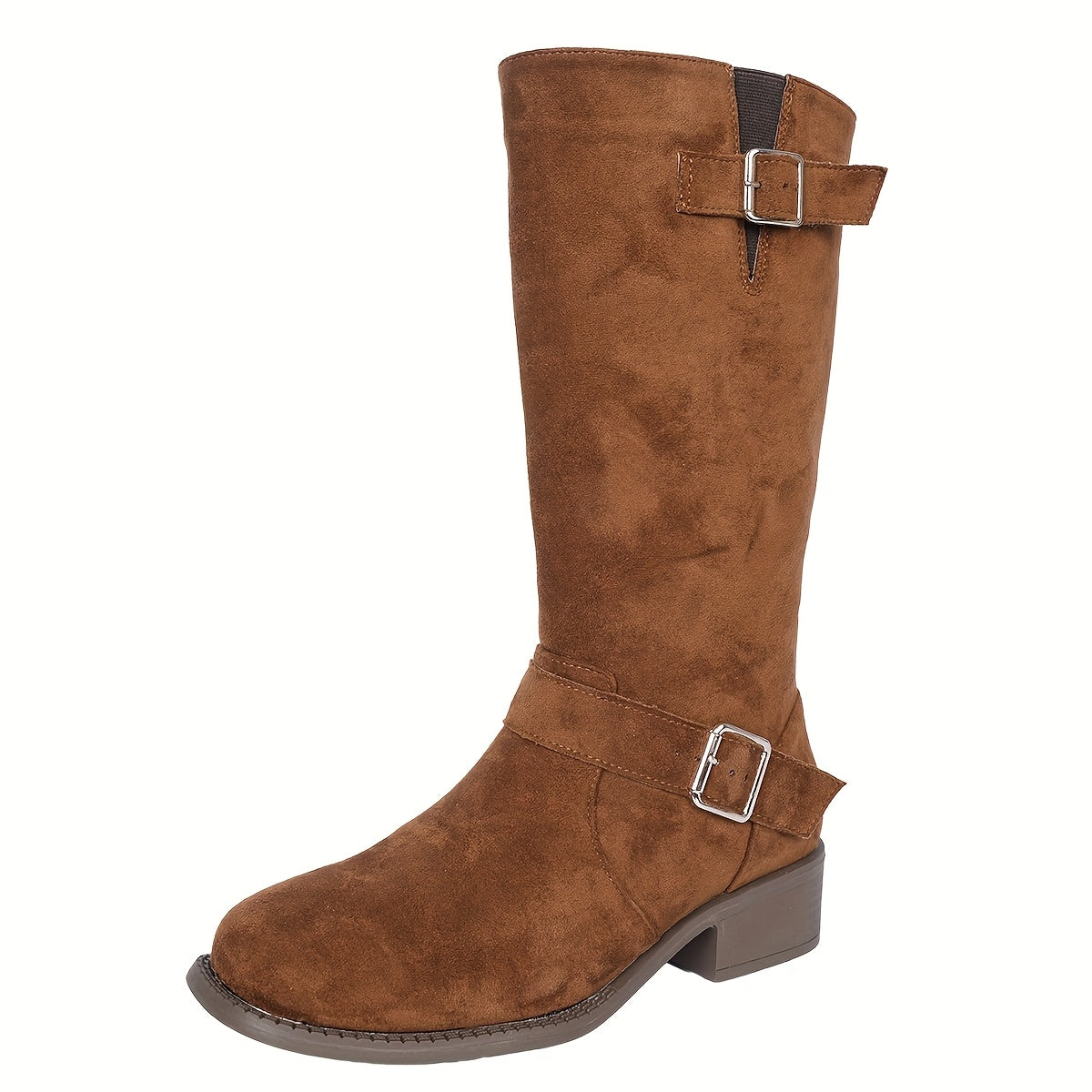 Women'S Plus Size Suede Mid Calf Boots - Square Toe Chunky Heel with Buckle Strap, Faux Fur Upper & Fabric Lining, Comfortable Slip-On Design for Casual & Formal Outfits, Everyday Footwear, Chic Midboot, Durable Rubber Sole