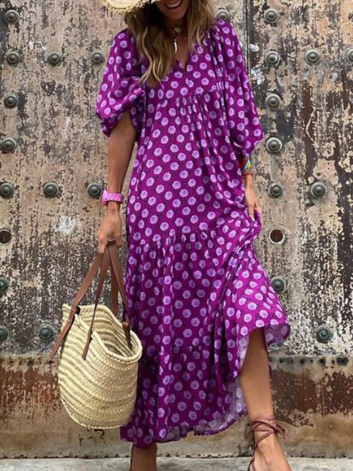 Autumn Geometric Patchwork Dress - Long Puff Sleeve Maxi Dress, Solid Color Casual Elegant Pencil Dress for Fall Wedding Guest or Casual Attire
