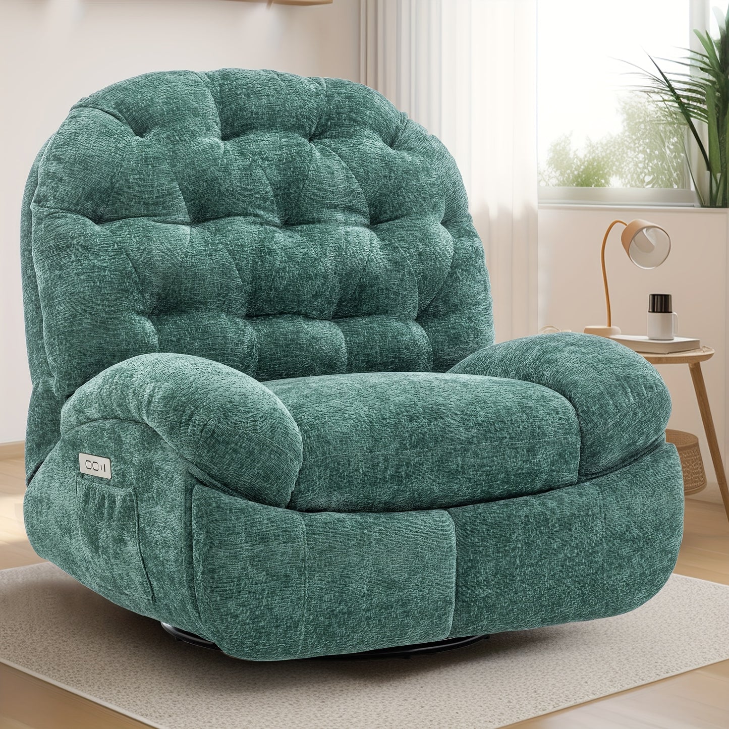 Oversized Swivel Recliner Chair, Adult Electric Recliner with USB Port And Side Pocket Storage, Comfortable Soft Shell Rocking Chair, Large Chenille Recliner Suitable for The Living Room