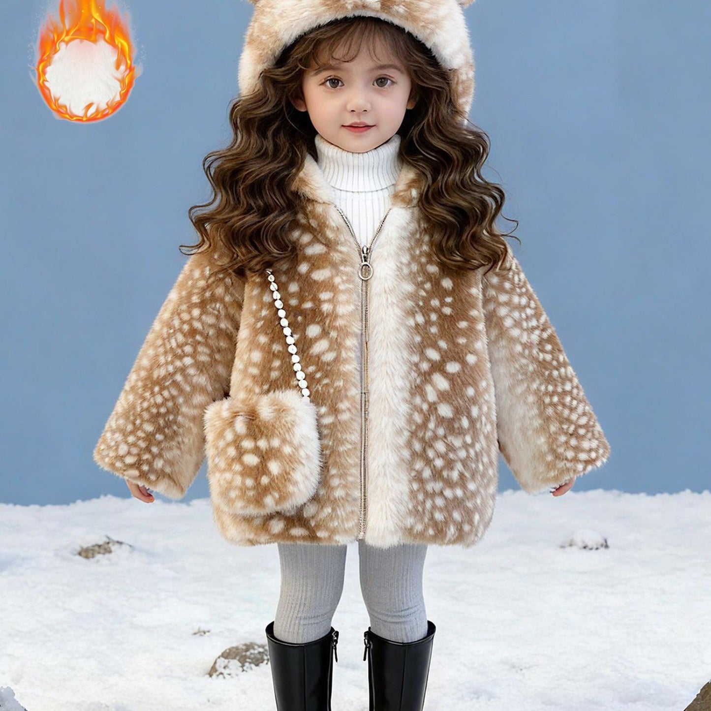 2pcs 'inter Coat & Bag Set with Antler Hat - Thickened Fleece Jacket, Hooded Collar & Plush Lining, Soft Shell, Cozy Warm Outfit for Christmas, New Year'S & Everyday Winter Wear - Stylish Holiday Gift (Solid Color, Easy-Care)