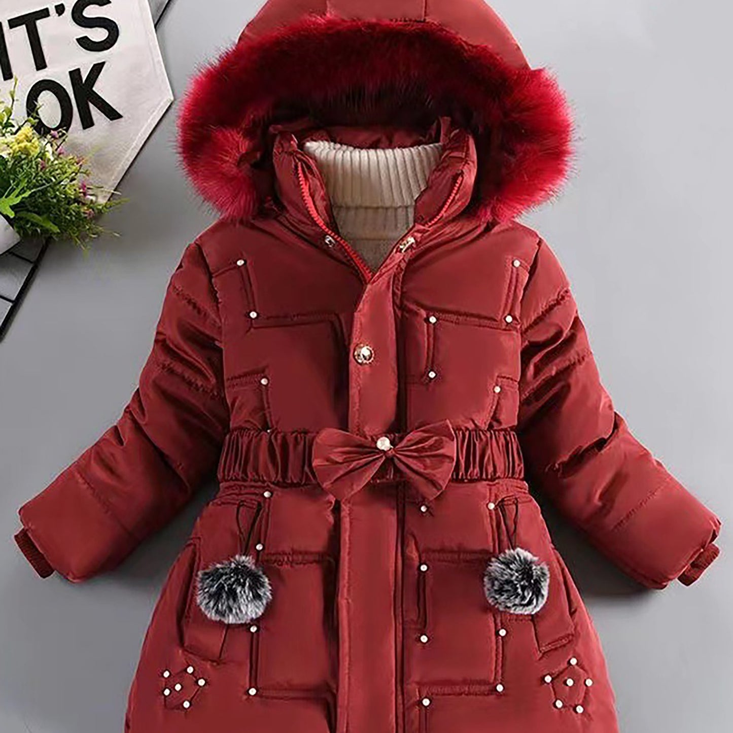 Girls' European & American Style Winter Coat - Thickened Warm Full-Zip Hooded Jacket with Full-Zip Closure, Windproof &, Winter Clothes For Girls