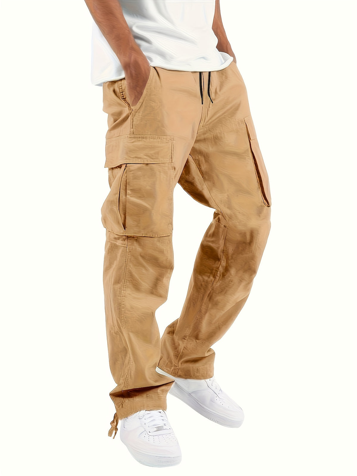 4pcs & Teen Loose-Fit Cargo Pants - Wide Work Pants with Elastic Drawstring Waist, Multiple Utility Pockets, Heavy-Duty for Outdoor,, Farming - Machine Washable Spring/Fall Season Pants Suitable for Teens & Adults, Perfect fo
