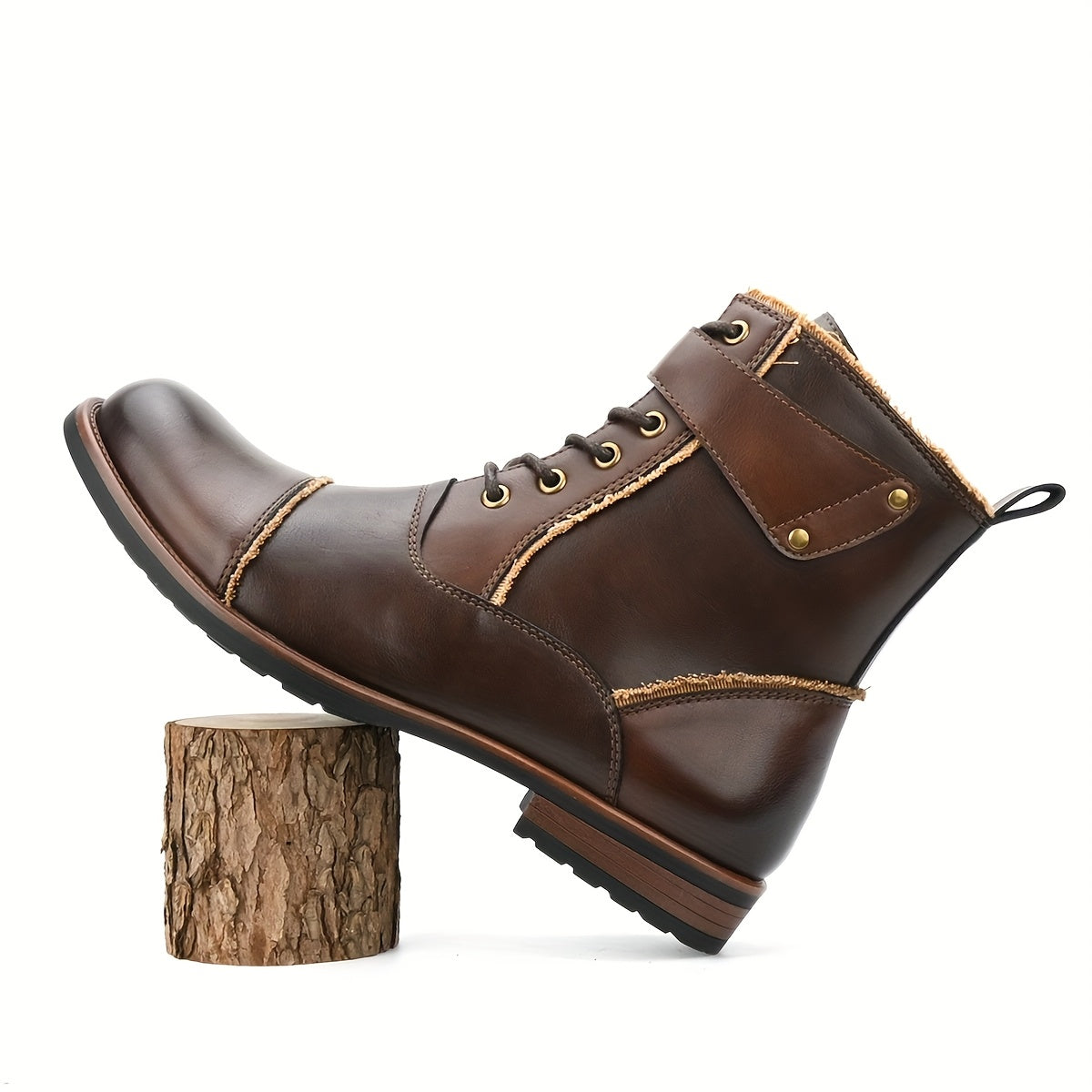 Men's Retro Motorcycle Boots, British Style High-Top Round Toe Work Boots with Side Zipper, Brown & TPR Sole, Adjustable Buckle Straps, All-Season Casual & Outdoor Wear, Hiking Boots | Buckle Strap Boots | Boots