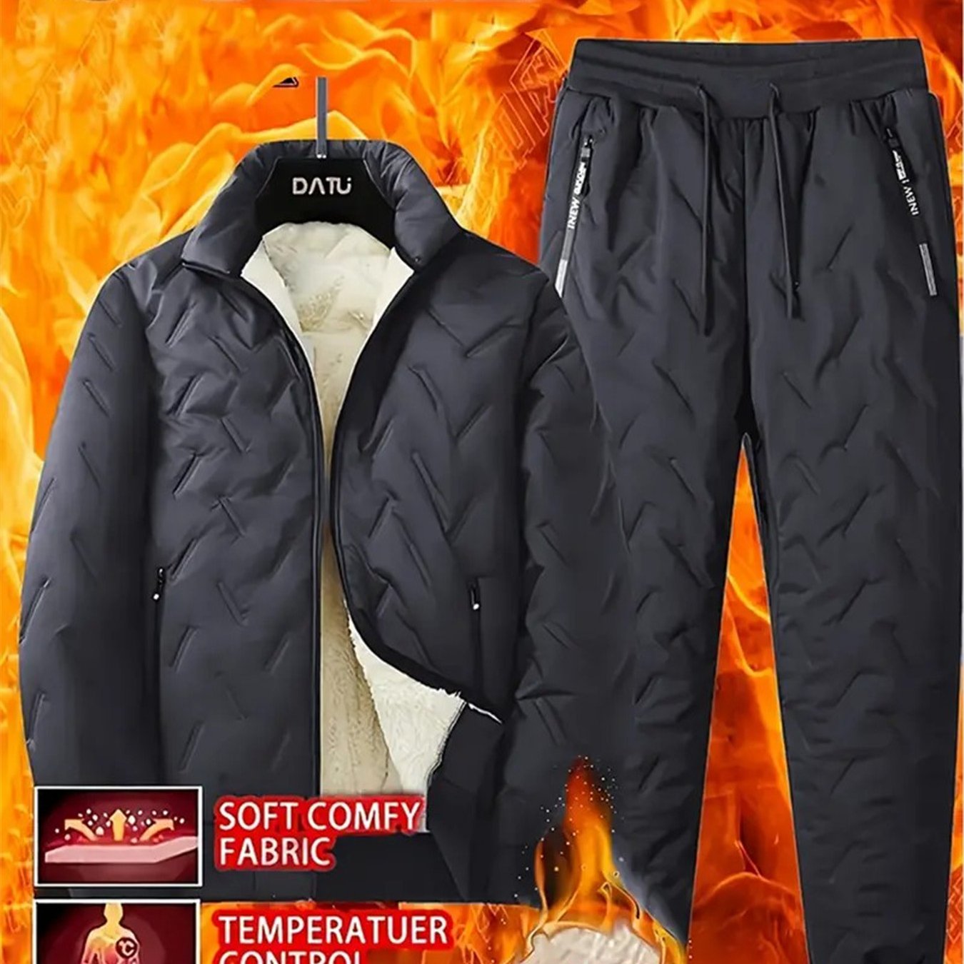 2pcs - Autumn/ Winter two-piece Men's stand up collar jacket, long sleeved jacket, pants jacket, Men's winter casual jacket set, with plush lining and polyester fabric stand up collar pocket