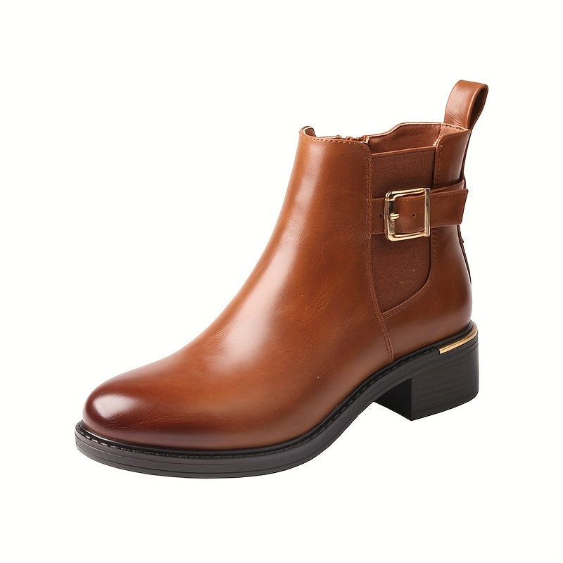1pr TMA EYES Women's Elegant Ankle Boots - All-Season Low Block Heel with Buckle Side Zipper, Plain Toe, Fabric Upper & Inner, TPR Sole, Casual Dress Booties, Allseason Footwear | Side Zipper Boots | Sleek Texture Finish