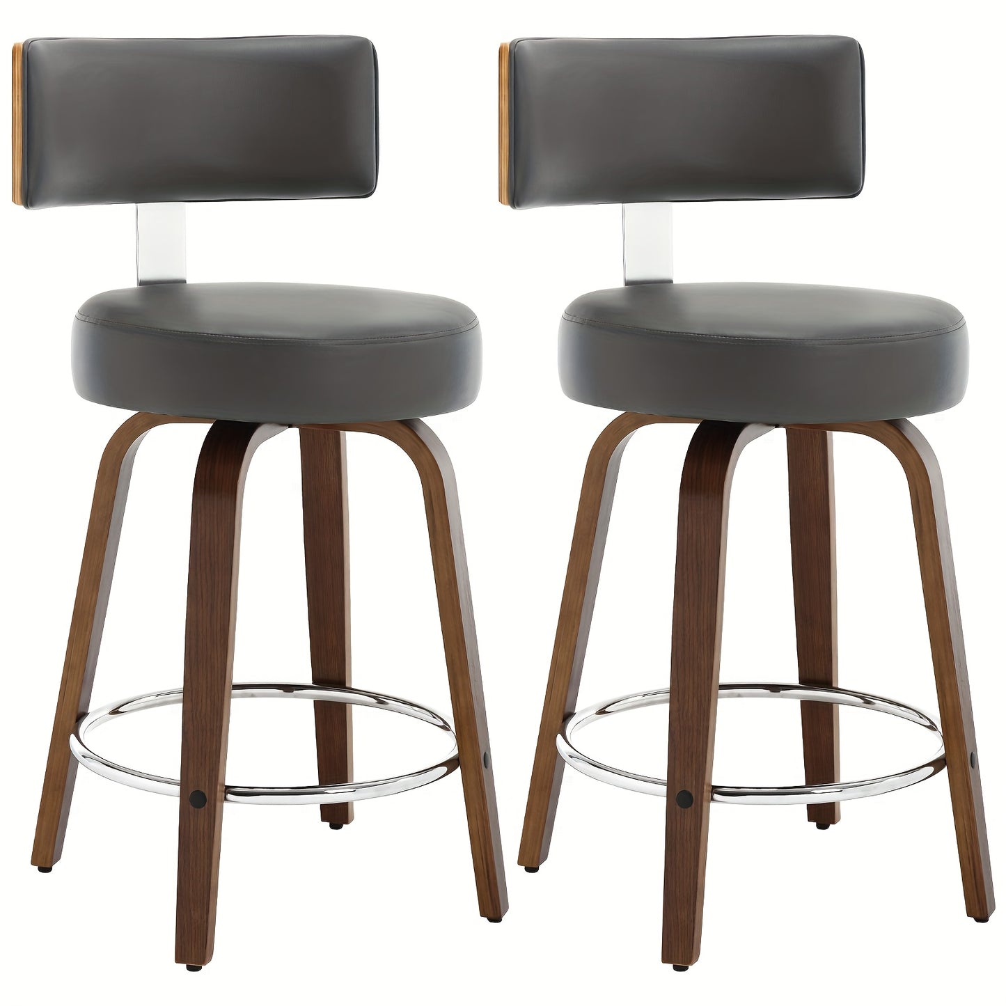Bar Stools Set of 2, Faux Leather 360° Swivel Barstools with Back and Round Seat, Modern 26"/29" Bar Height Upholstered Bar Chairs Island Stools for Kitchen Counter, Walnut Bentwood Legs