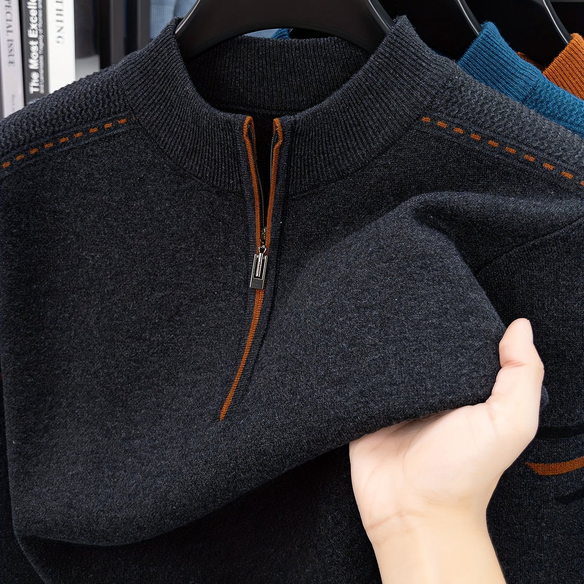 Men's Autumn And Winter New Thick Warm Knit Pullover Sweater, Zipper Placket, Light Beige-friendly And Comfortable, Office And Leisure Commuting Occasions to Wear.