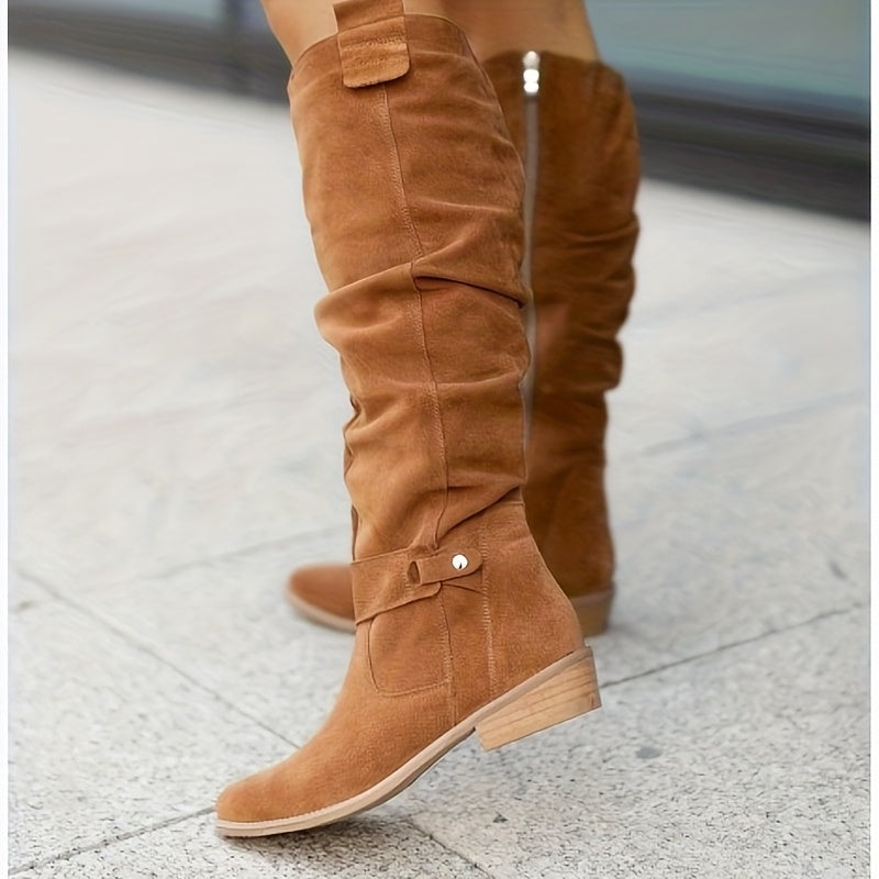 Women's Elegant -Like Winter Boots - High Calf Ankle, Side Zipper Closure, Low Block Heel (No Lifting) - Wide Width (EU 44/45) - Warm Round Toe Snow Boots for Jeans & Dresses - Durable Rubber Sole & PVC