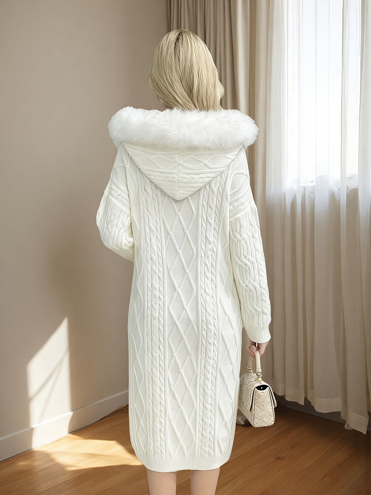 Women's Thick Winter Dress with Hooded Collar - White Cable- Mini Dress (Short/Mini Length) | Warm Sweater Dress for Fall & Winter, Machine Washable, No- Design (Casual/Office/Dinner Party Wear) - Versatile Outfit
