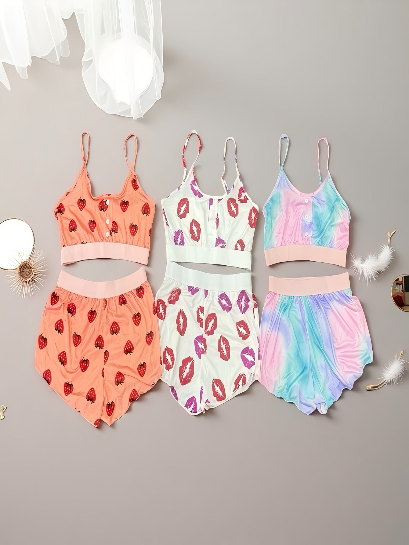 3pcs Set: Elegant Women's Home Sleepwear Set with Lip Print, Strawberry, Splashed Ink, 3 Types Of Prints, Soft And Comfortable Fabric, Perfect Gift