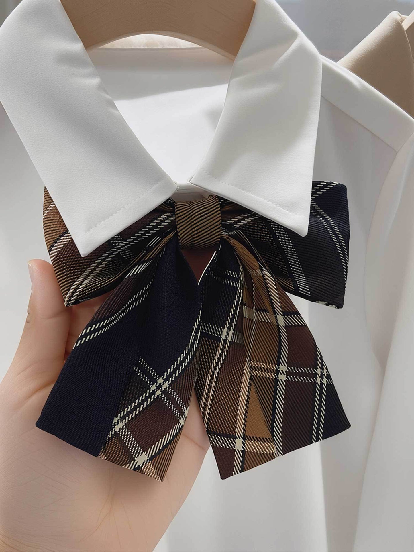 Girls' 3pcs Academy-Style Uniform Set - Khaki Double-Breasted Suit Jacket, Textured White Shirt & Plaid Pleated Skirt with Bow Tie | Structured Non-Stretch Fabric | Spring/Fall School Outfit, Themed Events & Casual Attire | C