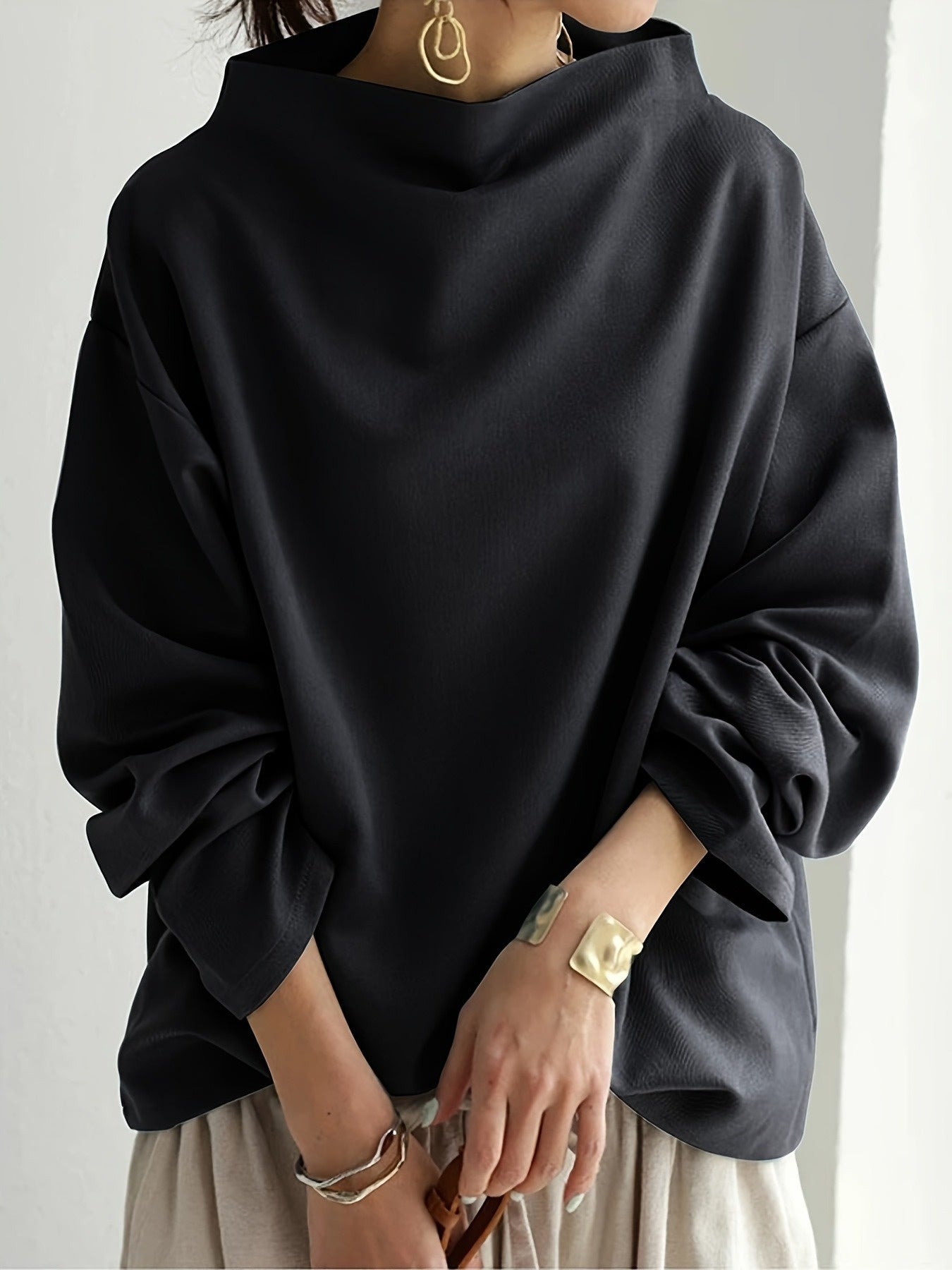 Women's Y2K Korean Style Oversized High Neck Sweatershirt - Solid Black Loose Fit Long Sleeve H-Line Top, Fall Winter Casual Sweaters for Layering (S-2XL) | Hand Washable Korean Fashion Tops