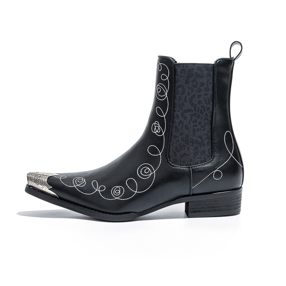 Men'S Fashion Iron-toe Chelsea Boots, Cowboy Boots, Western Boots, Ankle Boots. Low Heel, Faux Leopard Print, Elastic Band. Fashion Street, Party, Wedding, Business.