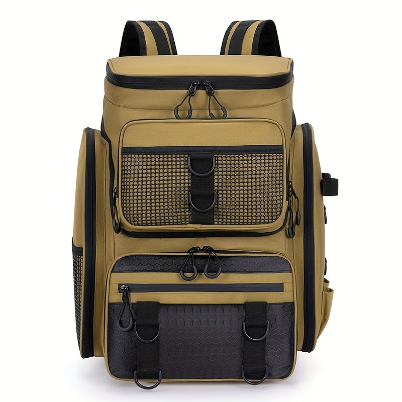 Large Capacity Heavy-Duty Multi-Functional Lure Backpack - Heavy Fishing Rod Holder, Tackle Storage Bag with Multiple Compartments, Durable Outdoor Travel Backpack for &,, Camping, Hunting (Khaki, Zipper Closure)