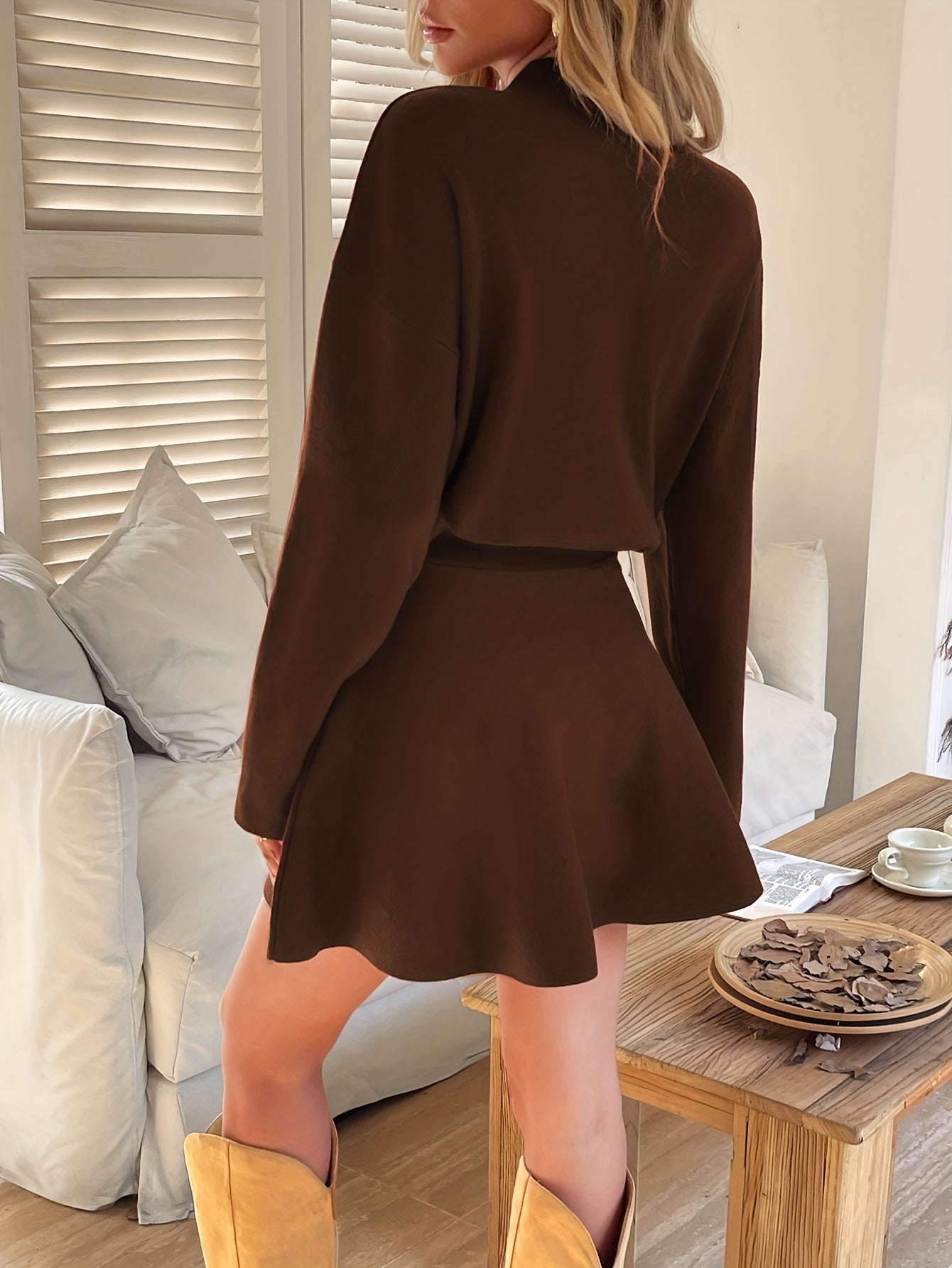 Women's Winter Warm Dress - High Neck Sweater A-Line Dress with Short Skirt, Machine Washable Solid Color Elegant Dress for Church Weddings Conferences, Fall & Winter Outfits (No Needed)