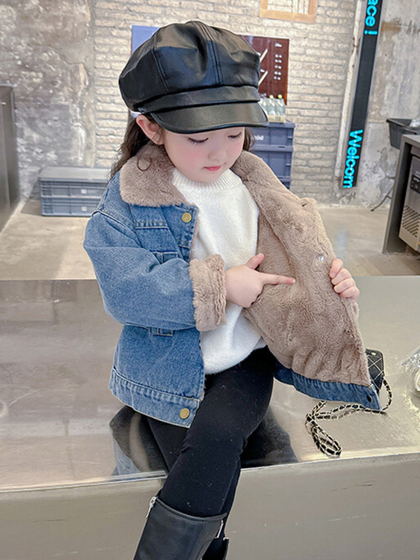 Girls' Plush Winter Denim Jacket with Collar & Plush - Short Cut for Easy Movement, White Shirt-Like Collar, Machine Washable Coat for Dresses/Pants ( to) - School, Parties, Casual Outfits (Warm Outerwear)
