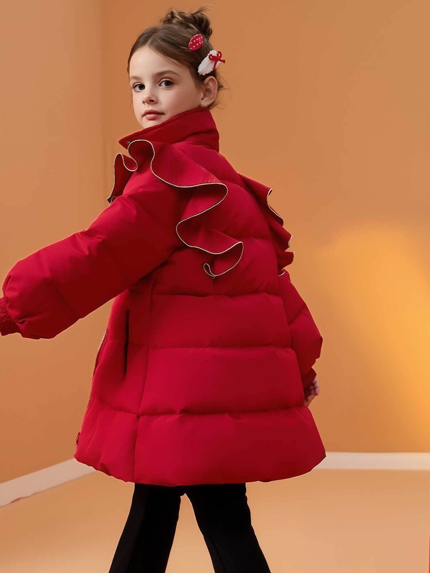 Girls' Red Jacket with - Winter Coat with Padded Warmth, Bubble Sleeves & Ruffled Collar, Bow Belt - Loose-Fit High-Neck Zipper Jacket for Christmas, New Year Parties (Chest Puff Trim) - Older Outerwear