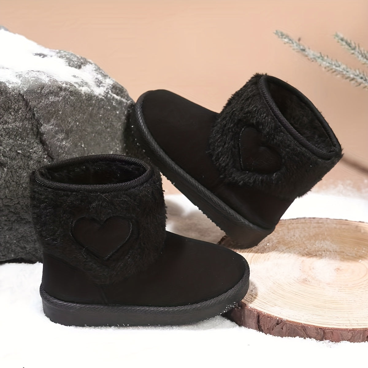 ' Pink Plush Winter Snow Boots with Heart Cutouts - Short Ankle Warm Traction Sole, Slip-On & Buckle-Free Closure, Soft Fabric for & (Pink) - Cozy Outdoor & Cold Weather Footwear