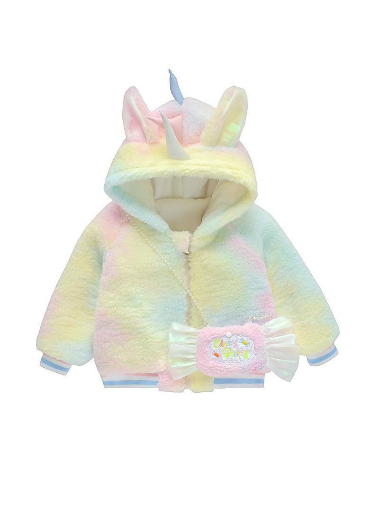 2pcs Girls' Fleece-Lined Thickened Winter Coat & Cartoon Bag Set - Color Block Hooded Jacket with Plush Lining, Zipper Closure, Soft Pastel Pink &, Cozy Casual Outerwear for Fall/Winter, Cute Everyday Outfit for School & Play