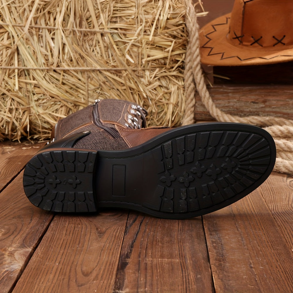 Men's Brown Platform Combat Booties with Lace-Up Front, Side Zip, Adjustable Buckle Straps, and Non-Slip Rubber Sole - Ideal for Motorcycle Riding and Training