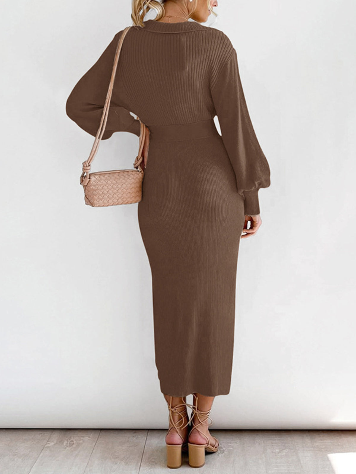 's 2025 New Winter Sweater Dress - Short White V-Neck Button-like Waist (No Buttons) Smock-like Collar, Lantern Bell Sleeves, & Tailored Hug Fit - Solid Color Dress for, Weddings, Parties (Hand Wash/Dry