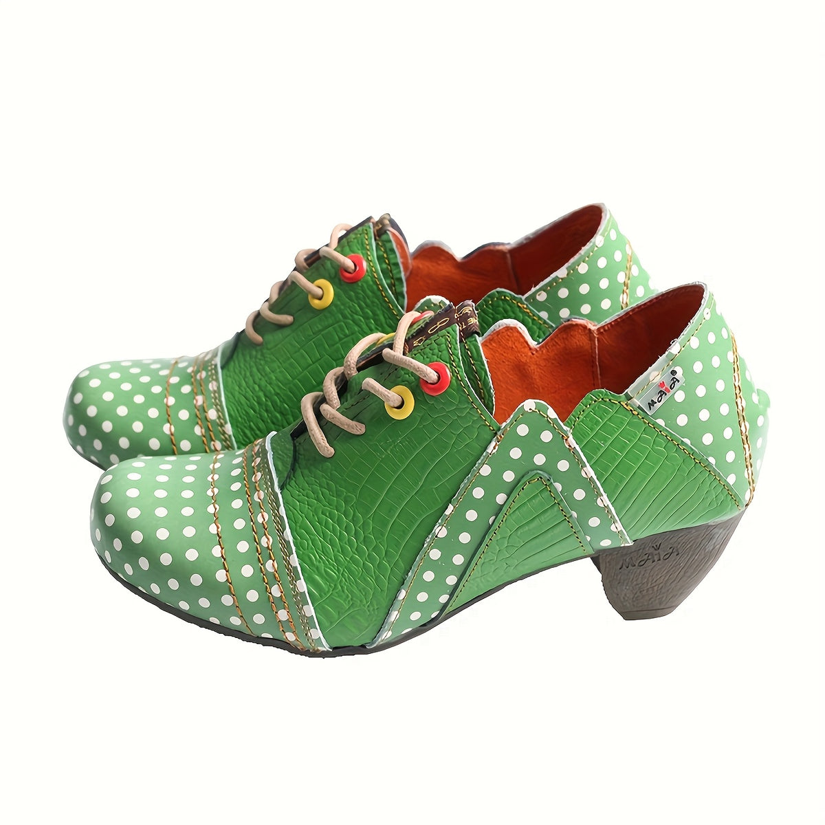 TMA EYES Women's Polka Dot Ankle Boots - Low Heel Lace-Up Anti-Slip Handmade Boots with Colorful Button Accents & Crocodile Texture, Second Layer Cover & TPR Sole, All-Season Versatile Casual to Dressy Footwear, Stylish Stree