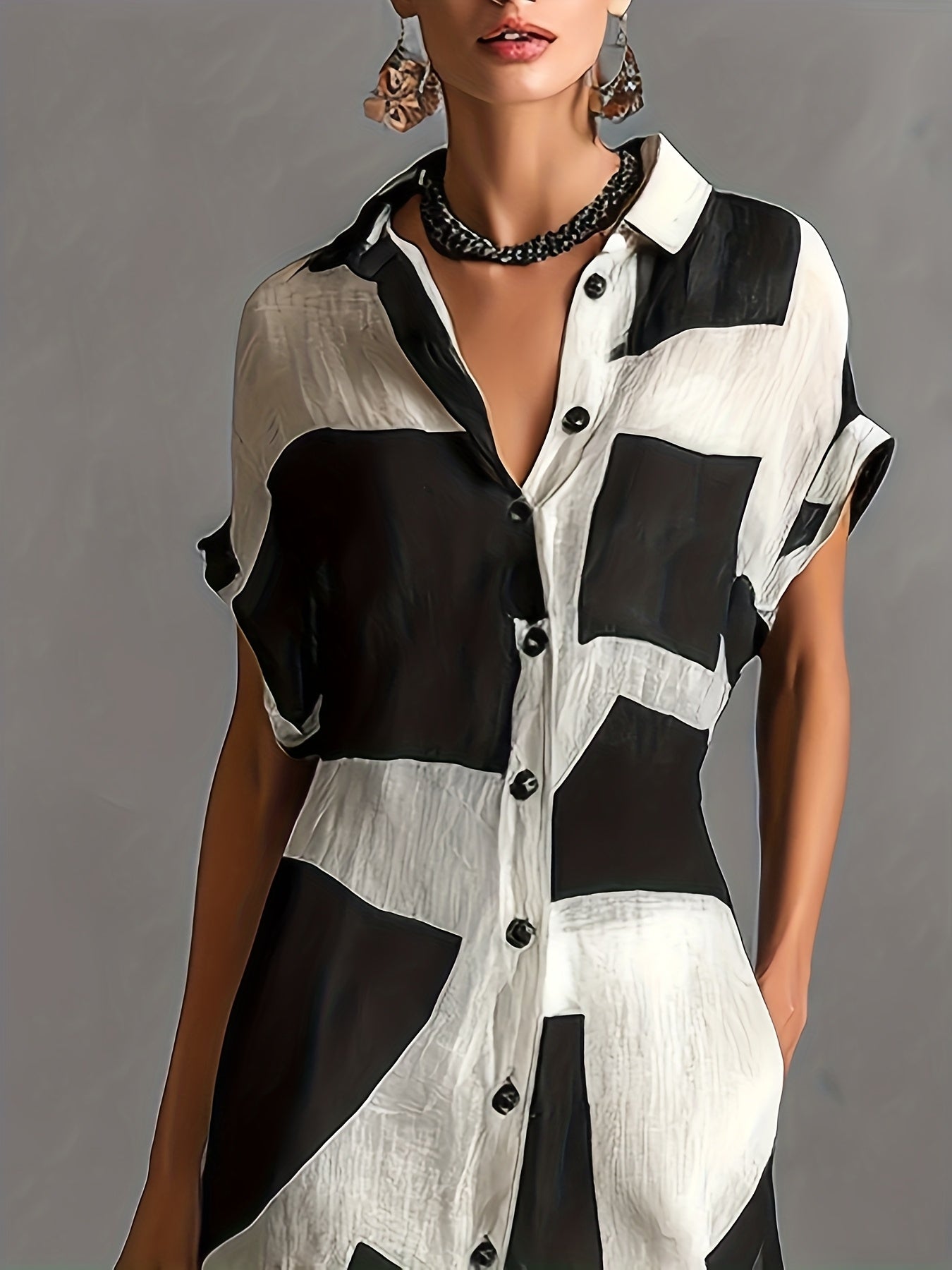 Geometric Print Women's Blend Irregular Turn-Collar Single-Breasted Short-Sleeved Long Shirt Dress