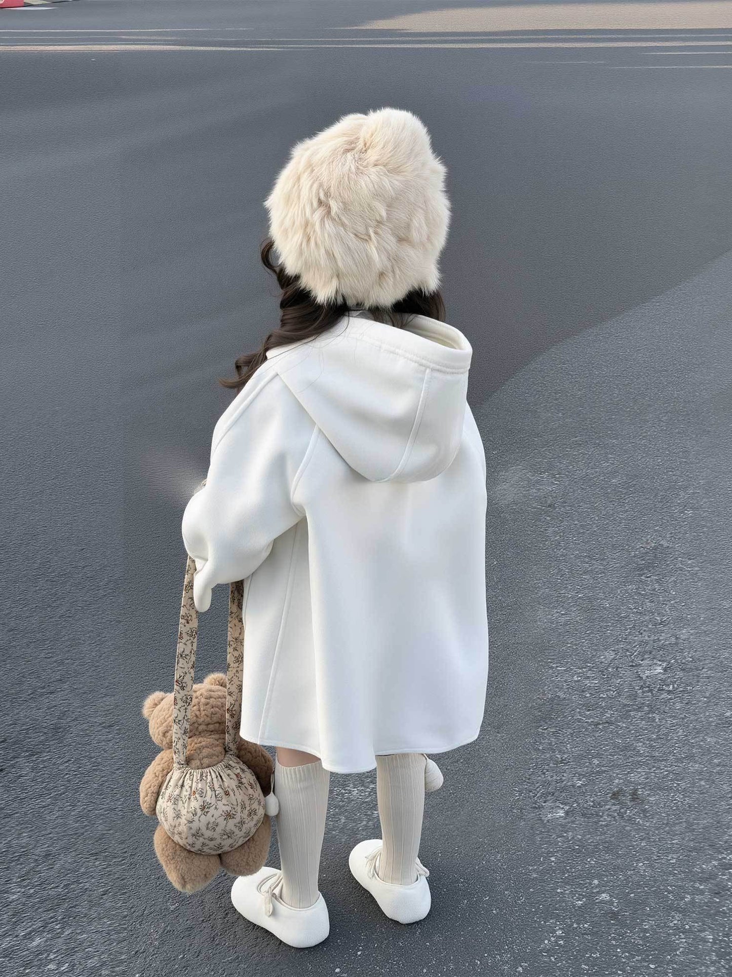 Girls' White Fleece Coat with Hood & Soft Pom-Poms - Double-Sided Winter Warmth, Loose Fit Long Sleeve Jacket with Toggle Button Closure, Cozy Insulation for & Young ( to Early Childhood) - Casual Outerwear for Everyday & Spe