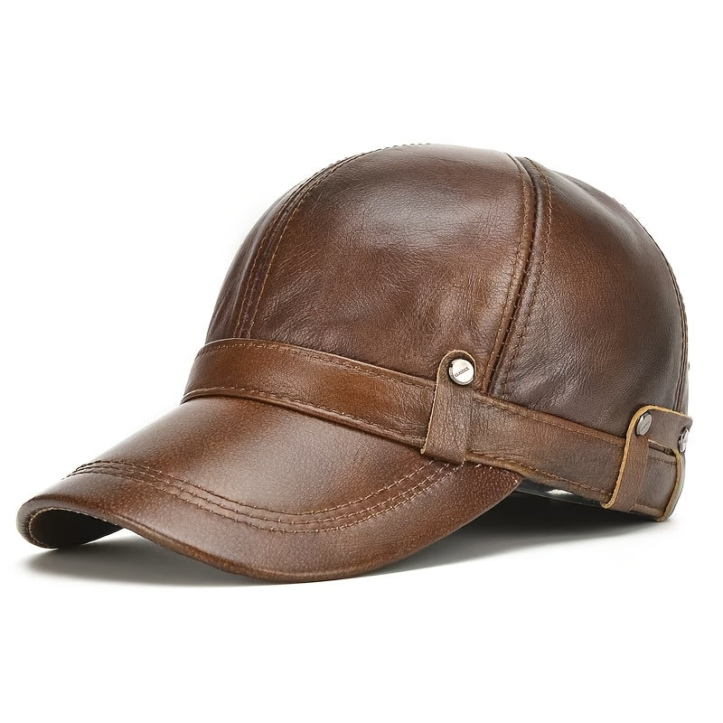 Genuine Leather Men's Hat, Top-Grain Leather Cap, Casual Outdoor Baseball Hat with Adjustable Strap