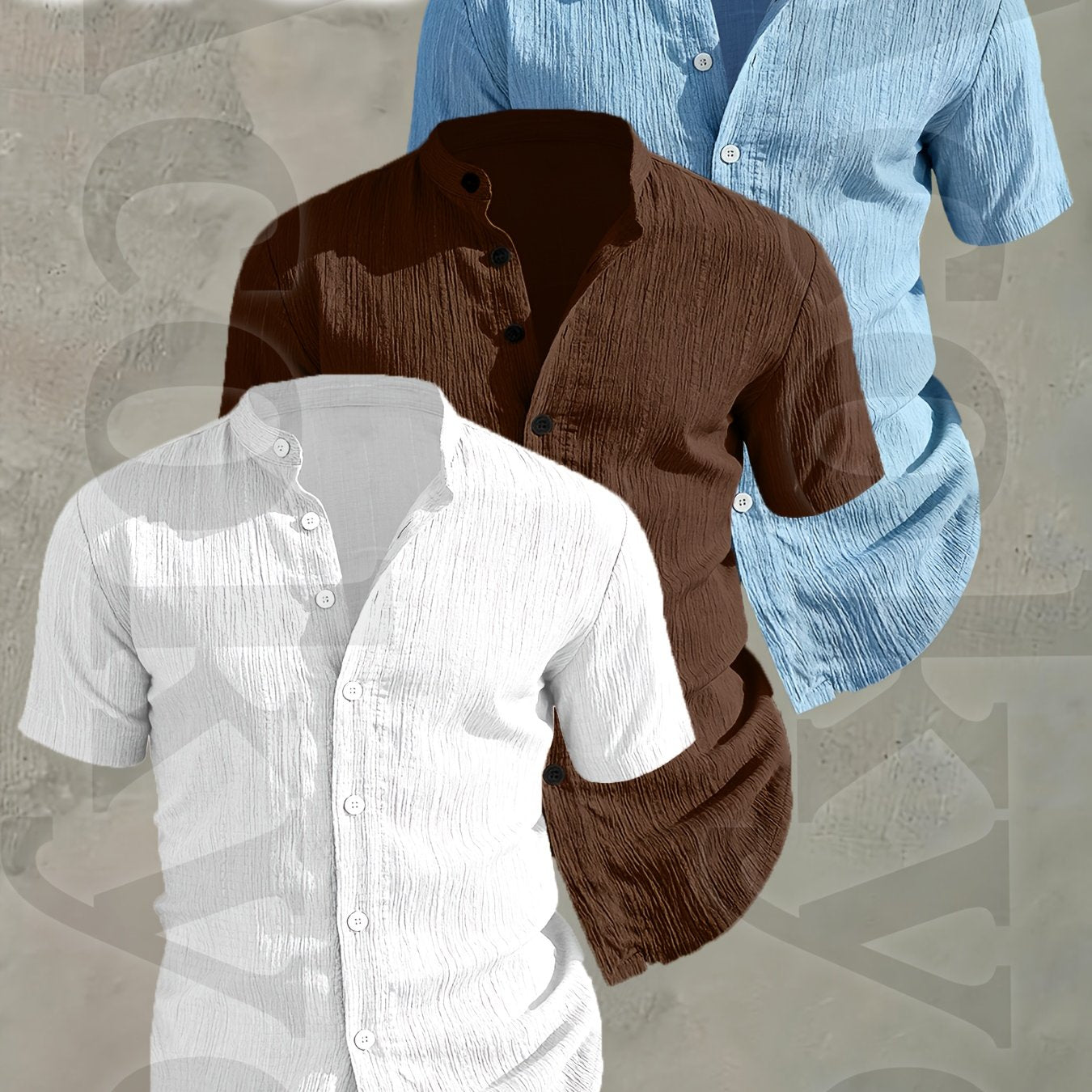 3pcs Set Men's Summer Short Sleeve Shirts • Lightweight Breathable Solid Color Button Casual Shirts with Stand Collar • Ideal for Beach Vacations, Pool Parties, and Daily Wear