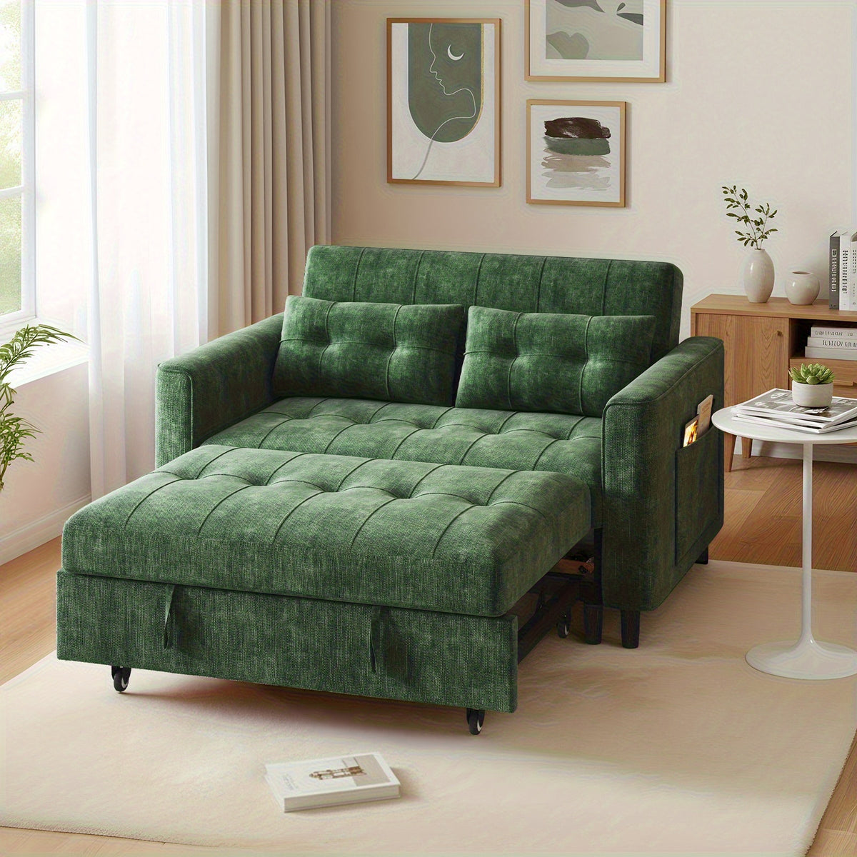Convertible 3-in-1 Sofa Bed, Foldable Sleeper Chair with Pull-Out Design with Soft Chenille Fabric and Pull-Out Sleeper, Sturdy Wood Frame, Adjustable Backrest, Side Storage Pockets, Space-Saving Modern Sofa Bed for Living Ro